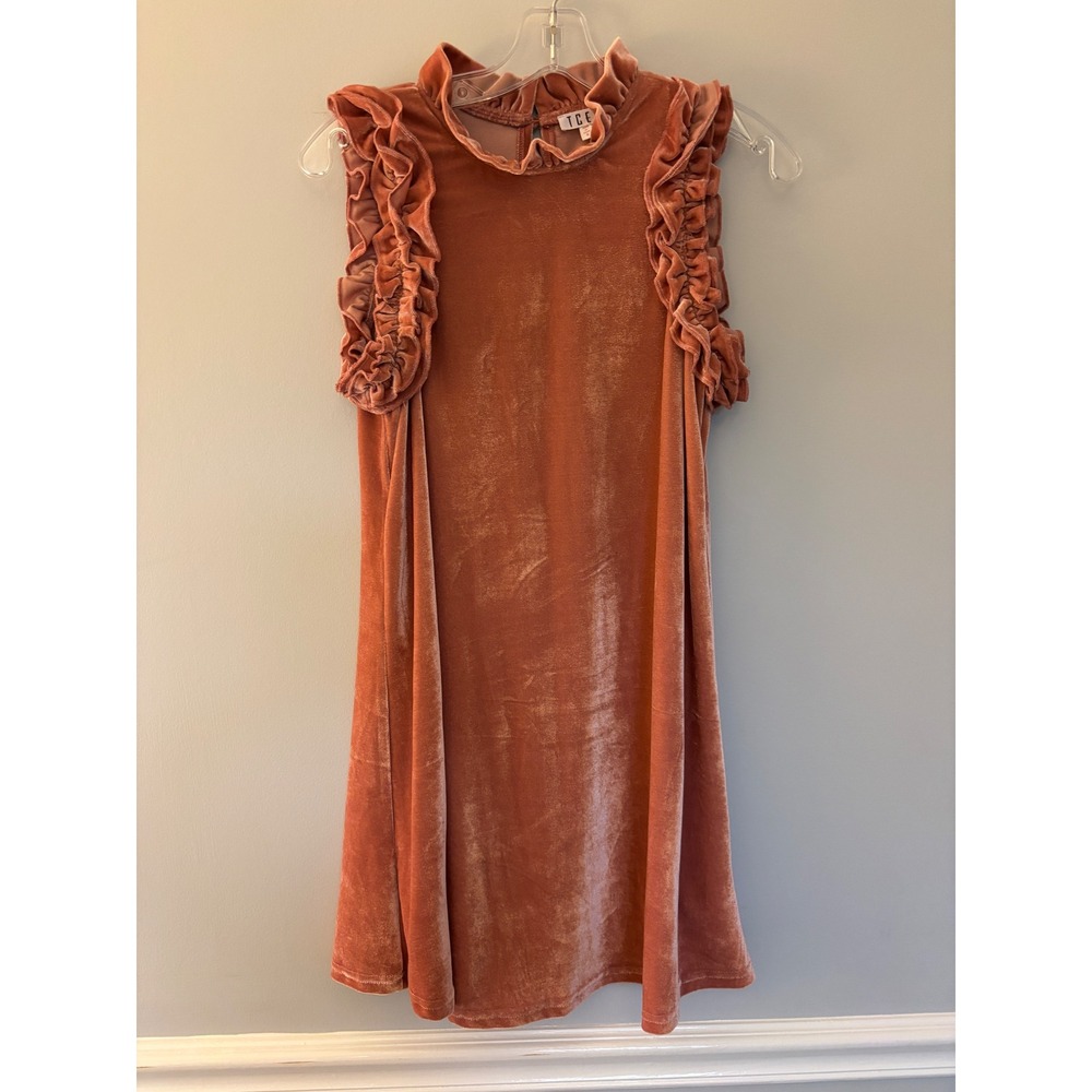 TCEC Velvet Ruffle Neck Mini Dress Womens S Terracotta Sleeveless